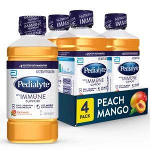 Pedialyte with Immune Support Electrolyte Solution, Hydration Drink with Zinc, Selenium, and Magnesium, Peach Mango, 1 Liter, Pack of 4 (EXP 07/01/26)