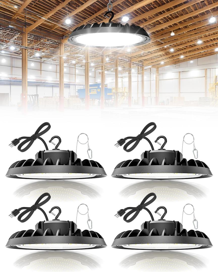 VOLISUN 4 Pack UFO Led High Bay Light 37,500LM, 250W, 5000K Daylight, 100-277V High Bay Led Shop Light, ETL Listed Commercial Bay Lighting for Garage Workshop Barn Factory Warehouse