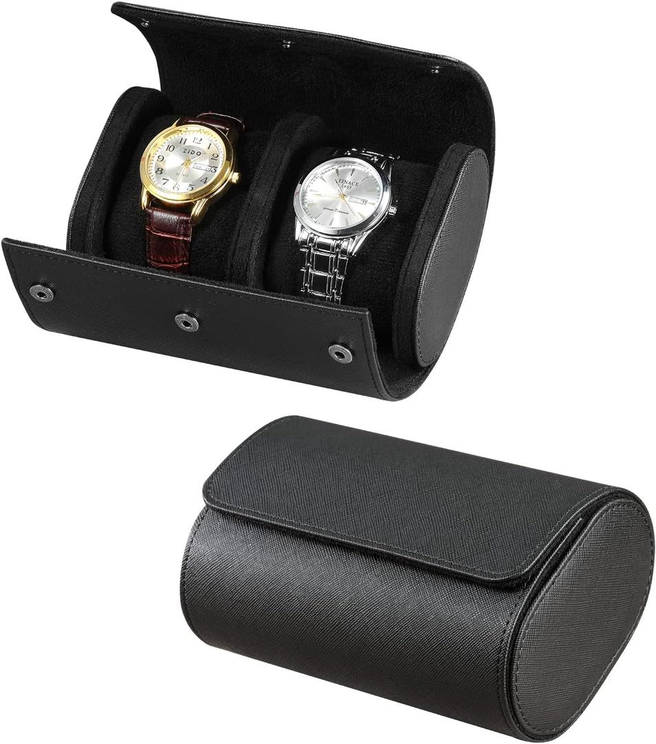 ROSELLE Watch Roll Travel Case for Men and Women- 2 Watch Storage and Organizer-Secure Storage with Innovative Removable Pillows & Solid Dividers for Home, Travel and Display (Black Cross-2 Slot)