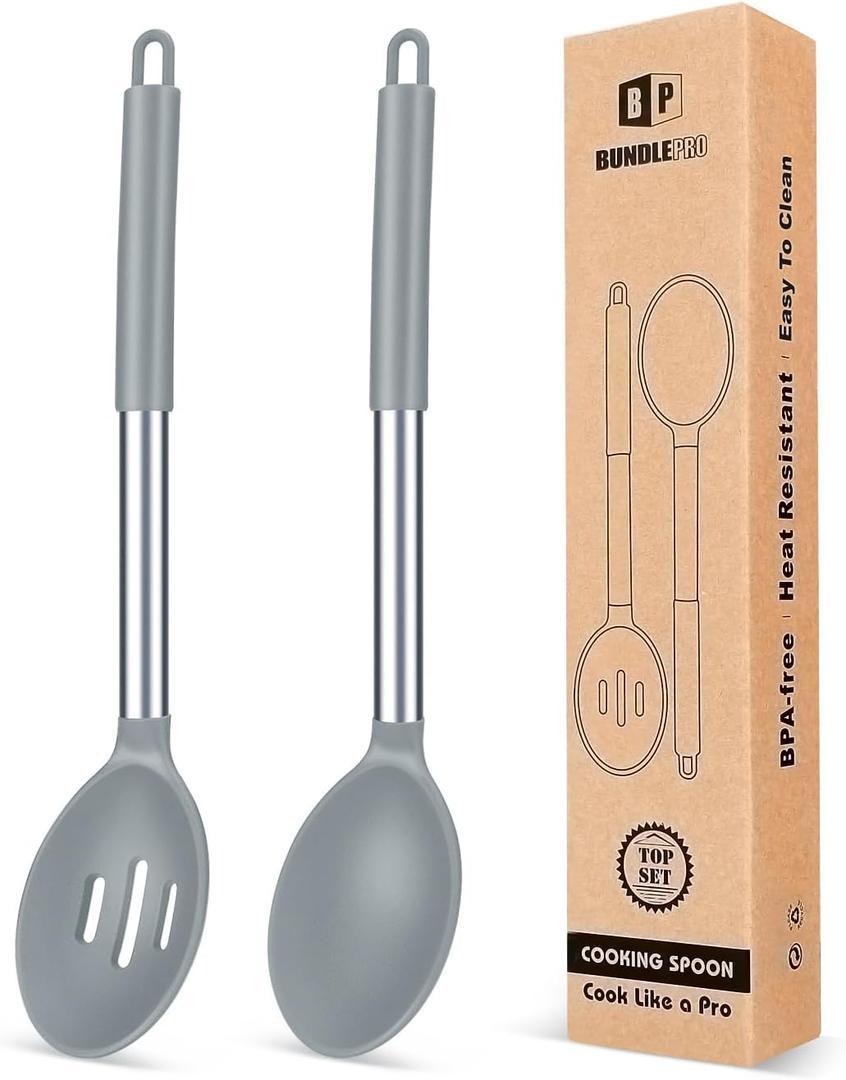 Pack of 2 Large Silicone Cooking Spoons,Non Stick Solid Basting Spoon,Heat-Resistant Kitchen Utensils for Mixing,Serving,Draining,Stirring (GREY) (Gray)