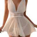 Lilosy Sexy Polka Dots Mesh Sheer Babydoll Chemise Lingerie Set Floral Lace Sleep Wear Women Deep V Slip Night Dress Nighty Negligee Gown With Thong 2 Piece White Small