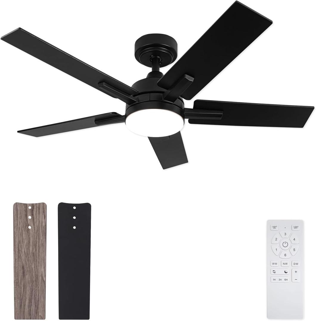 42 Inch Ceiling Fan, Smart Ceiling Fan with Remote/APP, Black Ceiling Fan with 6-Speeds Reversible Motor, Alexa Ceiling Fan with 5 Two-sided Blades Dimmable Noiseless for Indoor Bedroom/Outdoor