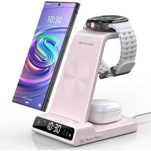 Wireless Charger for Samsung Charging Station, 3 in 1 Android Phone Charger for Samsung Galaxy S25 Ultra/S24 Ultra/S23/Flip7, Galaxy Watch 8/8 Classic/Ultra/7/6/5, Galaxy Buds 3 Pro/3 (Pink)