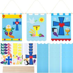 Mindsoft 12 Set First Communion Banner Craft Kit Felt Holy 1st Communion Banner Church and Sunday School Crafts for Kids DIY Craft Supplies Decor, 9 x 12 Inches (3 Style)