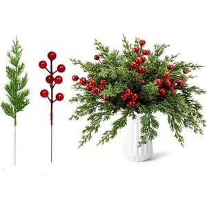 Artificial Faux Christmas Norfolk Pine Stems Branches for Vases,35 Bundles Fake Evergreen Real Touch Greenery Stem with 10 PCS Red Berry Branches for Xmas Holiday Winter Table Indoor Decor (B)