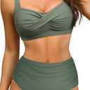 Amy Babe Women's Twist Front Swimsuit High Waisted 2 Piece Bikini Set (S)