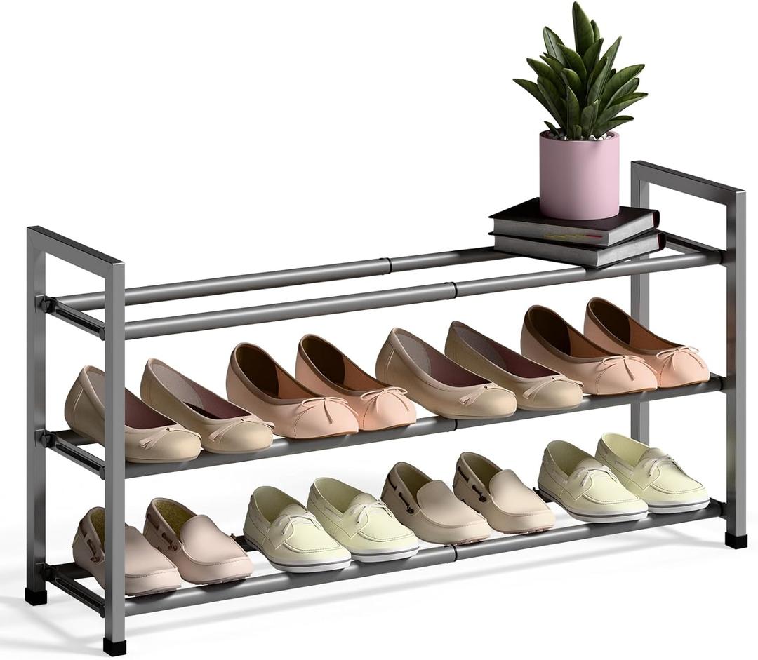 Bumusty 3-Tier Expandable Shoe Rack for Closet, 18-33 Adjustable Shoe Rack for Small Space, Small Shoe Organizer for Front Door, Sturdy Metal, Gray
