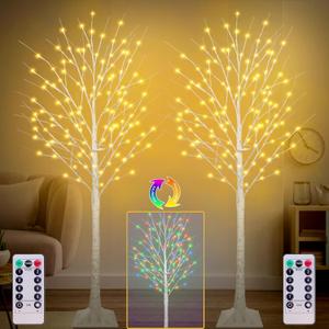 2 Pack 6FT Lighted Birch Tree with 260 LEDs Warm White and Multicolor Lights, 8 Functions Remote Faux Light Up Twig Christmas Tree with Lights for Indoor Outdoor Xmas Holiday Party Decoration