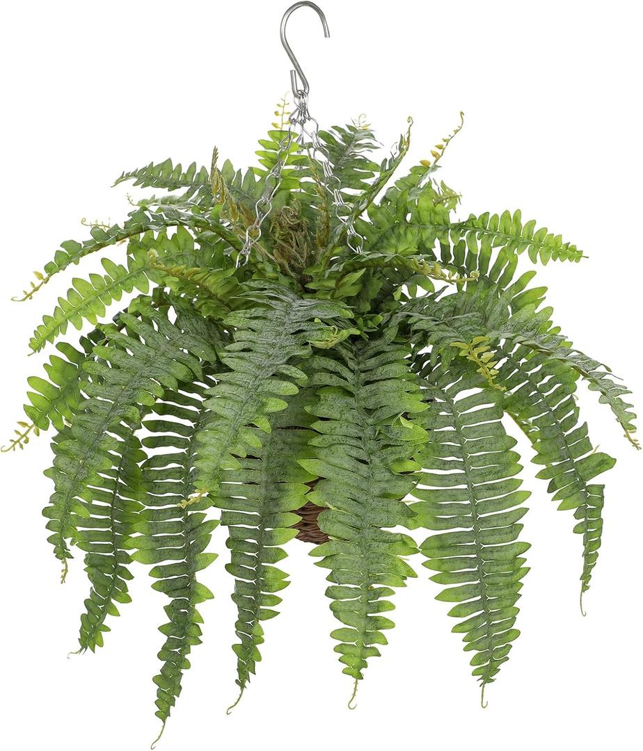Hollyone 25" Artificial Boston Fern Hanging Basket 31 Leaves Fake Ferns in Rattan Pot Medium Greenery Plants for Outdoors & Indoor Faux Fern Bush Basket Plant Patio Garden Home Decor Dusty Green