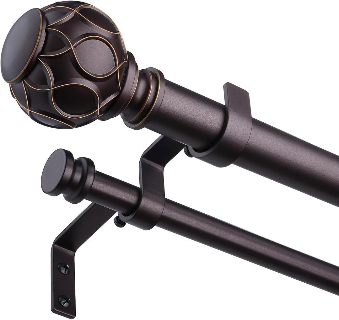 Bronze Double Curtain Rod, 36 to 72 Inch Dual Curtain Rods with Netted Texture Finials, Decorative 1 Inch Adjustable Window Treatment Rods, Red Brown Vintage Farmhouse Double Drapery Pole