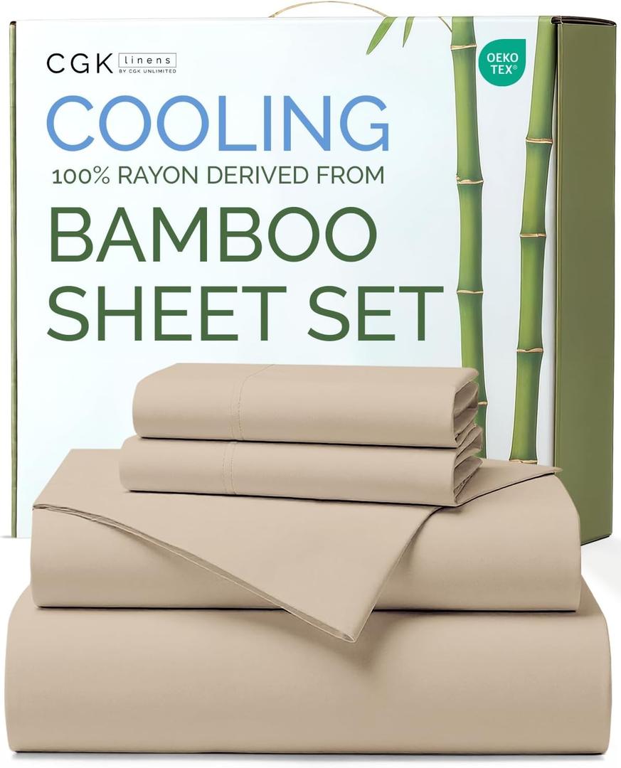 100% Rayon Derived From Bamboo - Bamboo Sheets Full Size - Cooling Sheets for Full - Ultra Soft, Breathable & Hotel Luxury Bedding - 1 Flat & 1 Fitted & 2 Pillowcases w/ 18 Inch Deep Pockets - Wheat