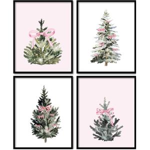 foedor Coquette Pink Bow Themed Gifts Prints,Pine Tree Decor,Pink and White Room Decor,Pine Tree Wall Art for Home Office,Coquette Wall Decor for Holiday Bathroom Bedroom,12x16,Set of 4
