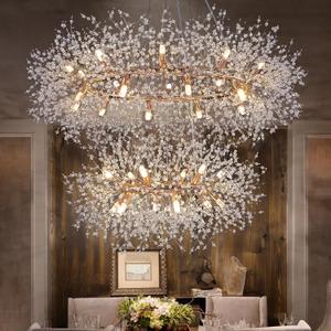 Wellmet Firework Chandelier 2 Tier 38 inch, Modern Crystal Chandelier Gold Dandelion Light Fixture, Mid Century Round Ceiling Lighting for Dining Room, Foyer, Living Room, Bedroom, Hallway, Entryway