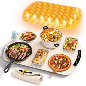 Coanto Food Warming Mat, Electric Warming Tray for Buffets & Parties, Silicone Heating Mat with 7 Temperature Settings, Roll-Up Storage, 17.91"x12.8", Beige