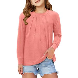 storeofbaby Girls Long Sleeve Shirts Casual Front Pleats Tops Round Neck Blouses 4-14 Years