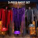 71" Halloween Hanging Skeleton Ghosts with Moving Grabbing Arm, Scary Sound & Glowing Red Eyes, 3 Pack Halloween Decorations Outdoor Flying Grim Reaper Set for Yard Porch Haunted House Props Décor