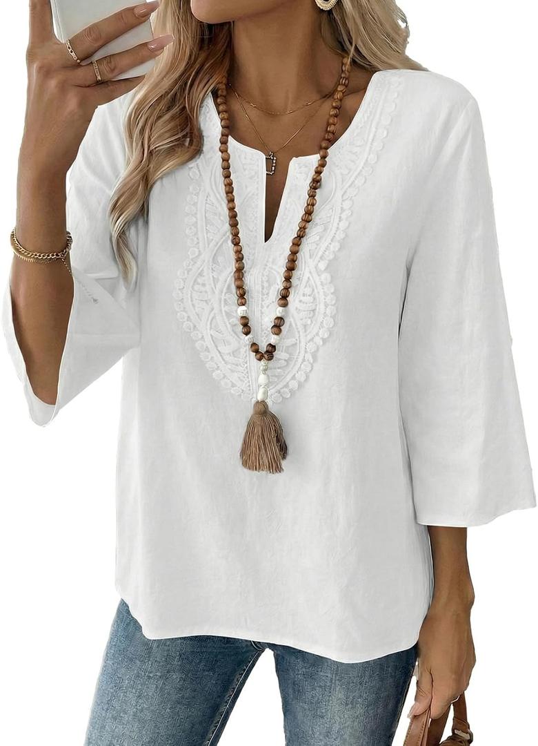 EVALESS Boho Tops for Women Blouses Dressy Casual V Neck 3/ 4 Sleeve Shirts Spring Outfits Trendy Vacation Clothes White M