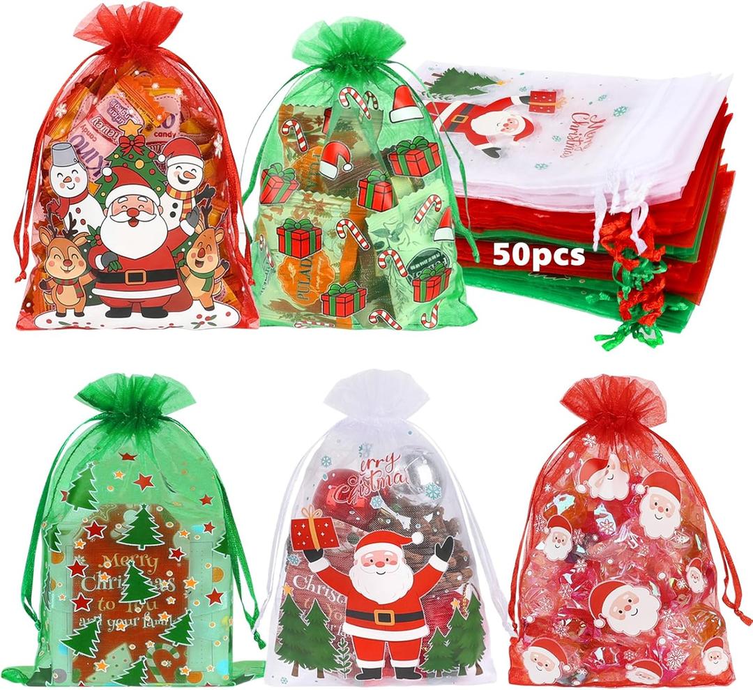 Shintop 50PCS Christmas Organza Gift Bags, 4x6 Inch Drawstring Mesh Treat Bags Small Jewelry Pouch for Candy Party Favors Holiday Decorations (Red Green White)