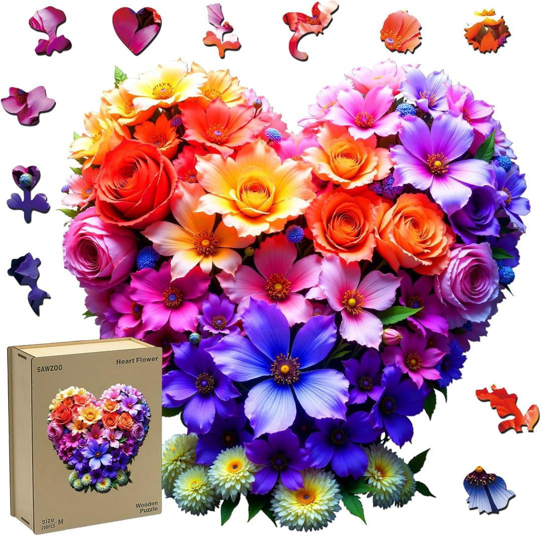 Wooden Jigsaw Puzzles for Adults and Kids, Heart Flower 200 Piece Unique Shaped Puzzle, Family Game and Creative Wooden Puzzle Gift, Wall Art Decor