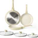 Granite Nonstick Cookware Set - 3 Pcs Induction Skillets, Egg & Omelette Frying Pans with Lids, Healthy, No Toxic, PFOA Free (Cream White-8Inch+9.5Inch+11Inch With Lid)