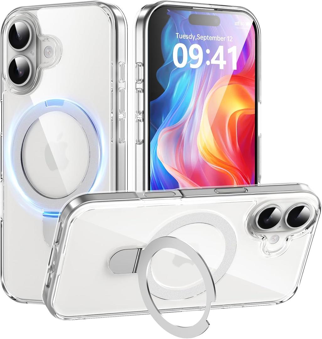 Magnetic Case for iPhone 17 Clear with Ring Holder Foldable Stand Metal Kickstand [Compatible with Magsafe], Slim Transparent Protective Phone Cover for iPhone 17 2025 6.3'', Crystal Clear