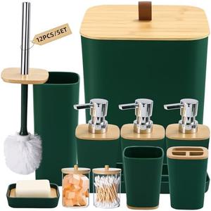XLHOMO Dark Green Bathroom Accessories, Green Bathroom Accessories Set with Trash Can, Soap Dispenser, Toothbrush Holder, Toothbrush Cup, Soap Dish, Toilet Brush, Tray and Q-tip Holders