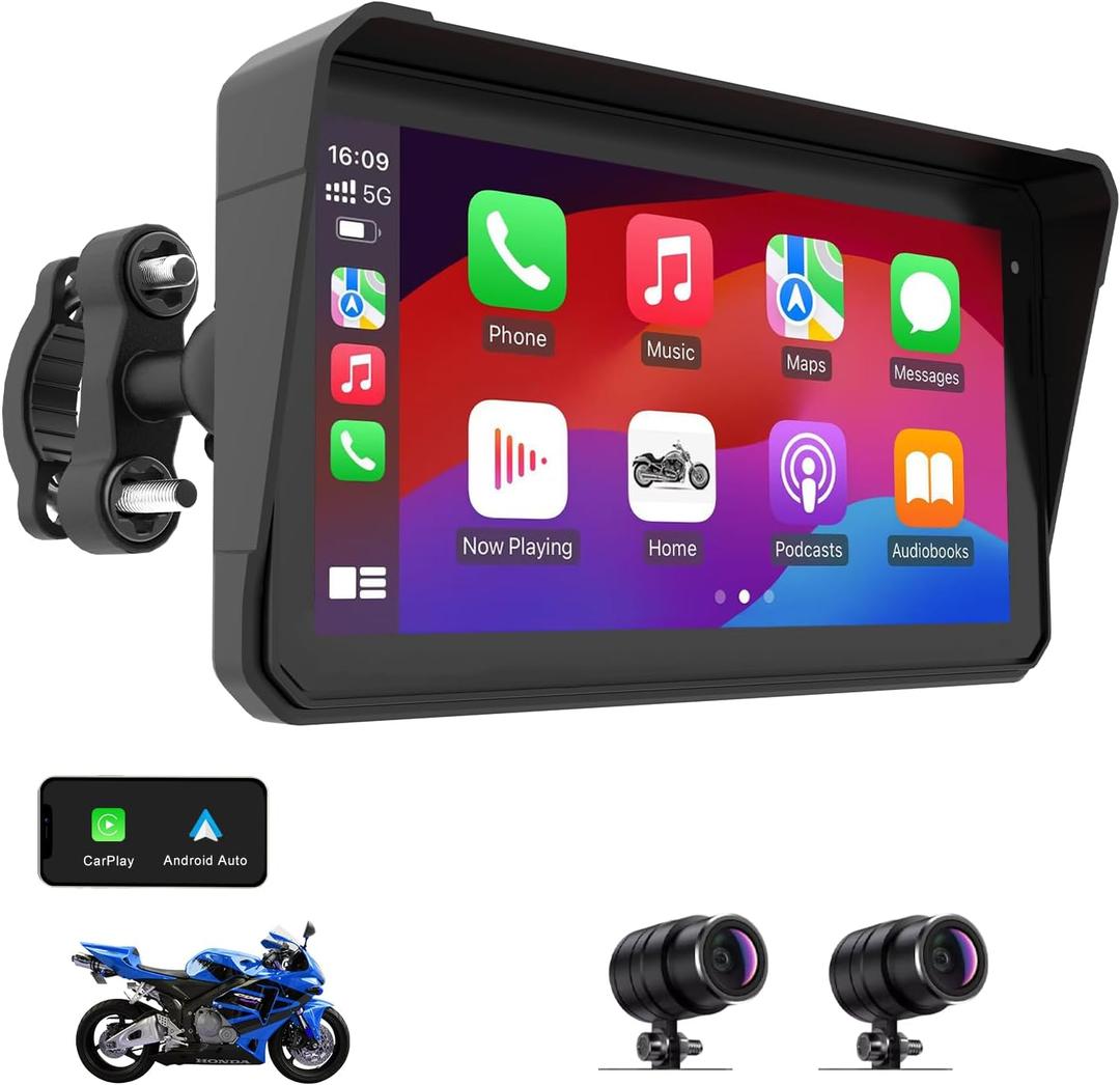60Hz IPS Motorcycle Carplay Screen with 2K Dash Cam Front and Rear, Apple Carplay and Android Auto Display for Moto, 6" IP68 Waterproof GPS Navigation System Support Bluetooth, Siri, Google Assistant