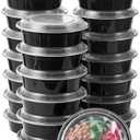 FULING 24 oz 50 ct Round Meal Prep Food Storage Containers with Lids To Go Plastic Lunch Plan Box Disposable Take Out Bowls Black BPA Free Reusable Durable Stackable Microwave Freezer Dishwasher Safe