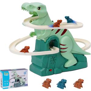 Dinosaur Chasing Race Track Game Set Slide Climb Stairs Toy Roller Coaster Toy with Music Educational Puzzle Playsets Gift for Toddler Kids Boys Girls Age 3 4 5 6 7 8