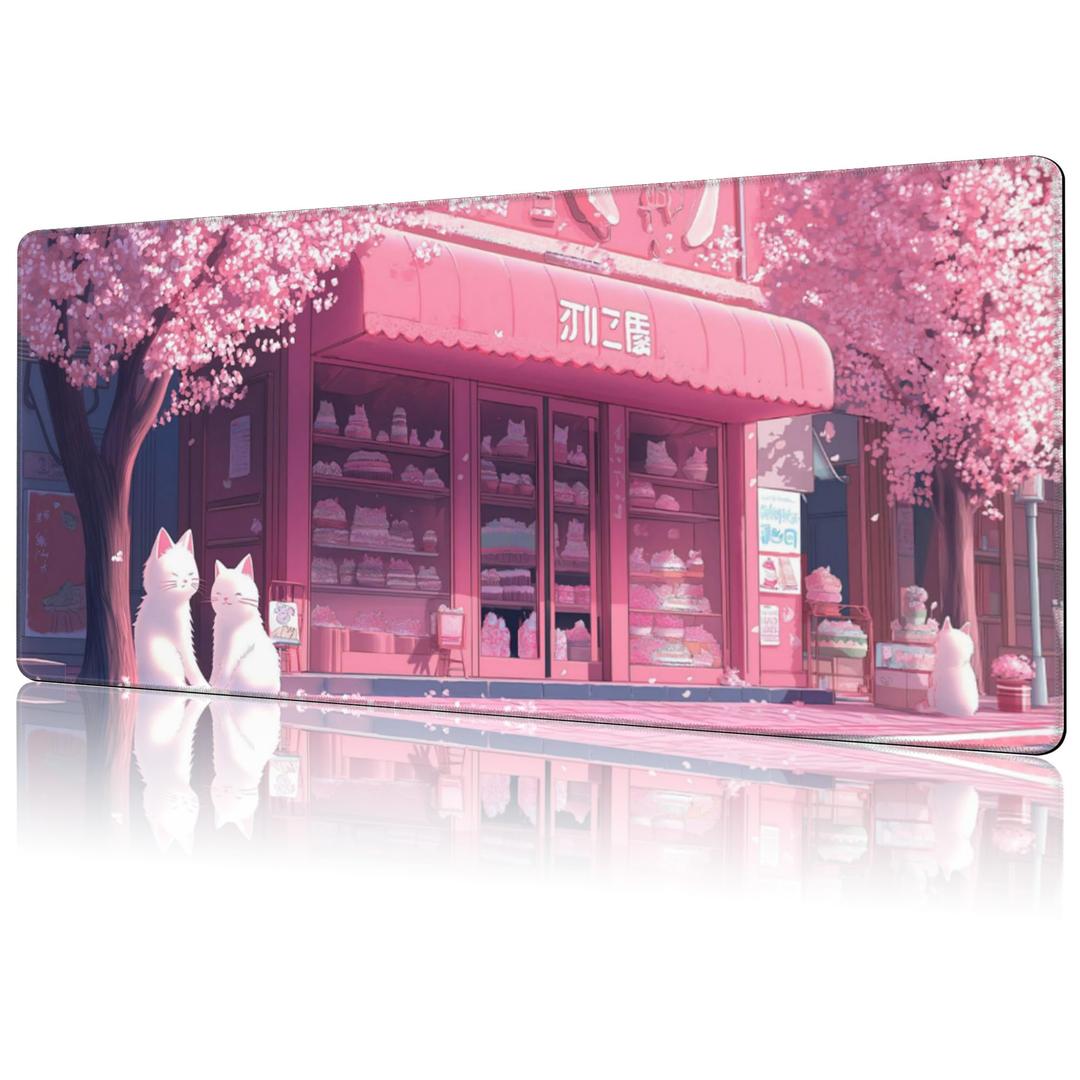 NIYLYNSYN Mouse Pad Large Cake Shop and White Cats Non-Slip Gaming Desk Mat with Stitched Edge Laptop Keyboard Desk Pad for Work Home Gaming (35.4 x 15.7 Inches)