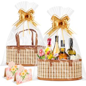 Orchidleaf 2 Set Baskets for Gifts Empty, Gift Empty Bamboo Basket Large, Foldable Woven Gift Basket with Handle for Baby Baptisms, Mother's Day, Christmas, Housewarming