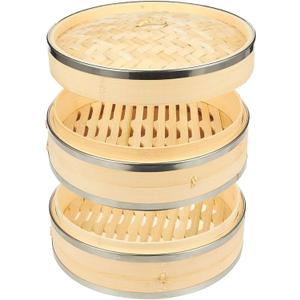 Juvale 2-Tier Steamer Pot Insert with Steel Rings - 10" x 6.5", Beige - Bamboo & Steel Stackable Basket for Rice & Dumpling Steamer for Vegetables