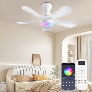 36Inch Ceiling Fans with Lights and Remote/App Control, Flush Mount Ceiling Fan with Reversible Dc Motor RGB Dimmable Light, Noiseless White Modern Small Ceiling Fan for Bedroom Indoor/Outdoor