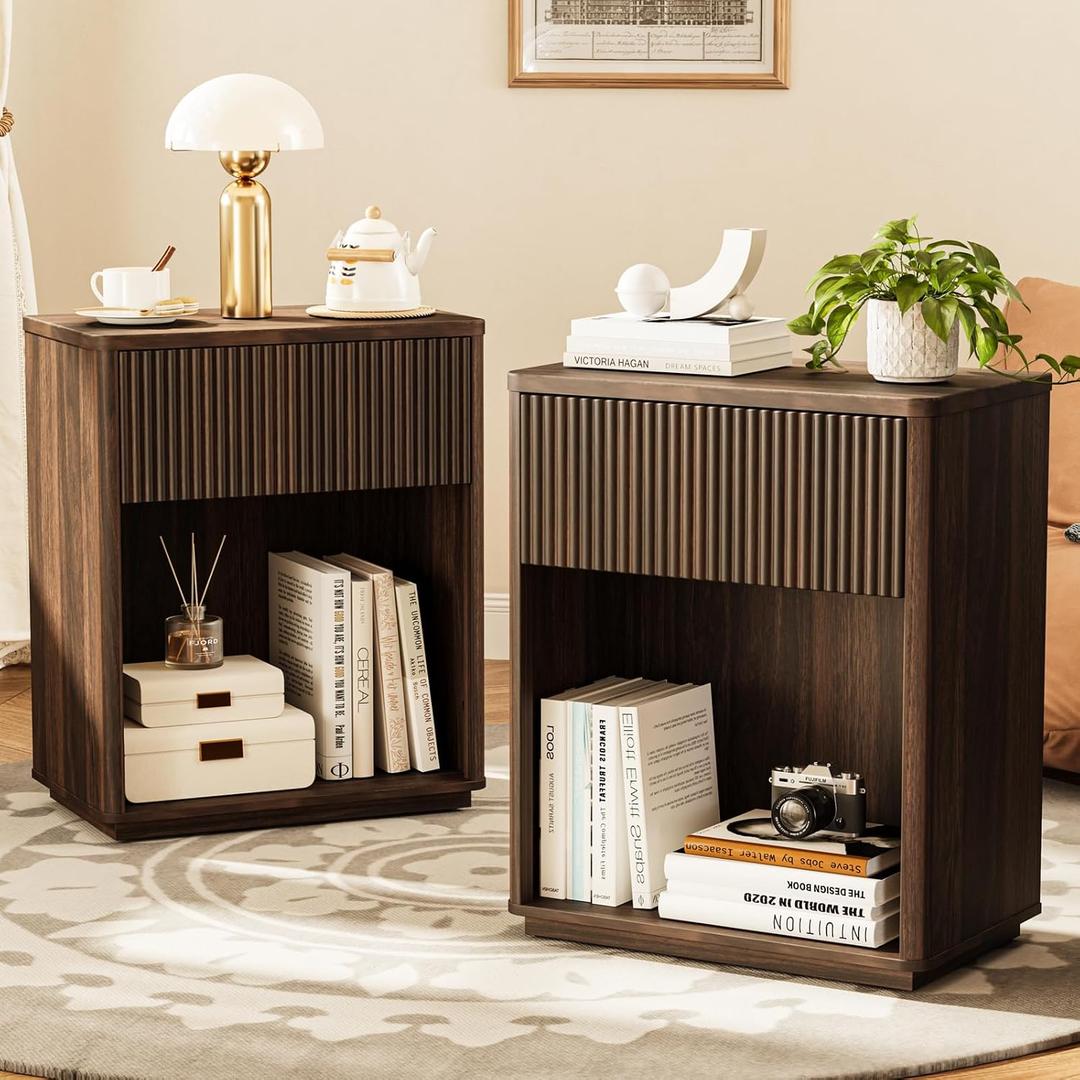 Modern Fluted Nightstand Set of 2 for Bedroom, Mid Century Bedside Table with Drawer & Open Shelf, Wood End Table, Farmhouse Night Stand for Home, Hallway, Office, Walnut