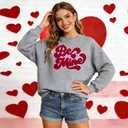 VILOVE Valentines Sweatshirts for Women Be Mine Glitter Patch Valentine Shirts Oversized Love Heart Sweater Holiday Outfits (Gray, L)