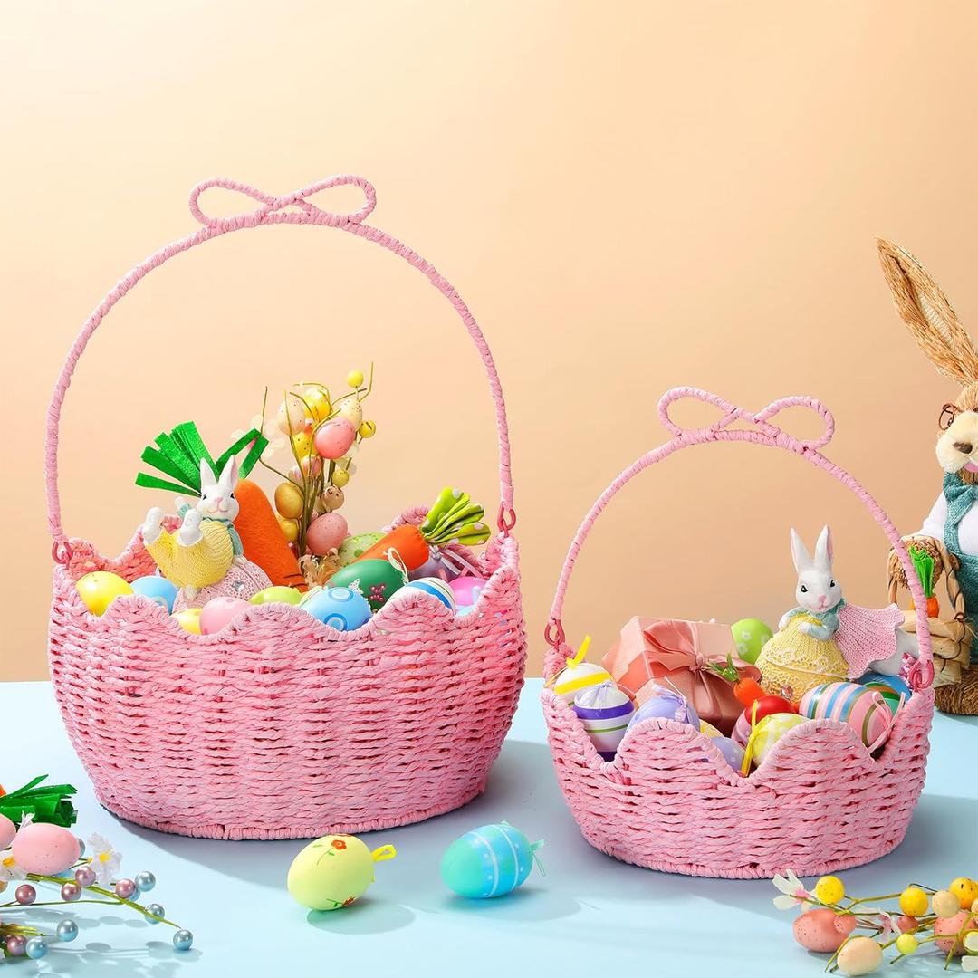 FoldTier 2 Pcs Pink Easter Gift Basket Empty with Handle Woven Paper Rope Easter Basket for Gifting, Storage, Gathering, Foraging, Garden Trug, Decoration Large & Medium, 12 x 10 x 6, 10 x 8 x 4