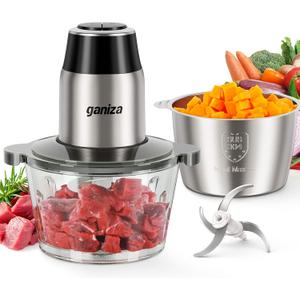 GANIZA Food Processors, Electric Food Chopper with Meat Grinder & Vegetable Chopper - 2 Bowls (8 Cup+8 Cup) with Powerful 450W Copper Motor - Includes 2 Sets of Bi-Level Blades for Fruits/Meat/Nuts (Black)