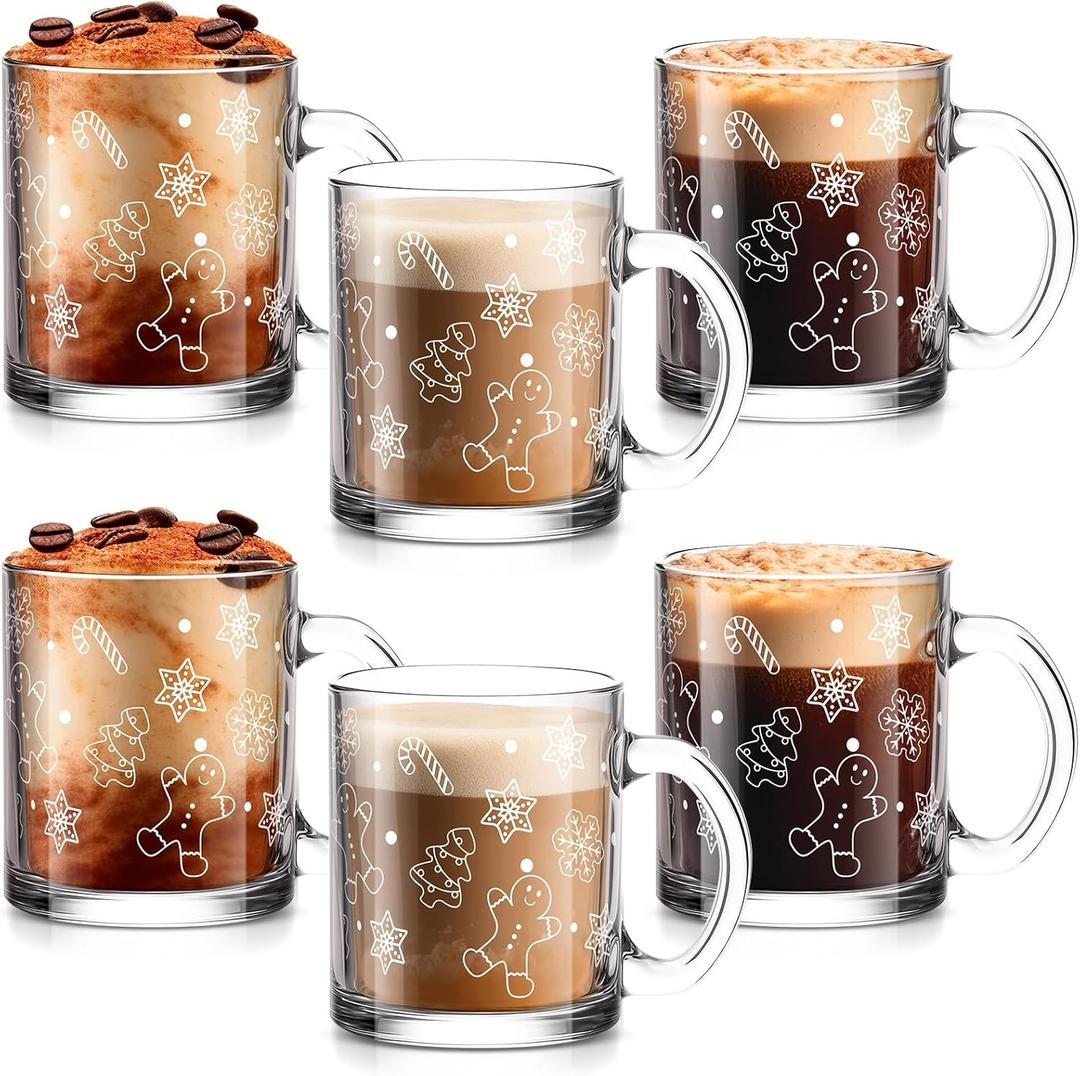 Maxcheck 6 Pack 12 oz Christmas Hot Chocolate Mugs Gingerbread Glass Coffee Cups Xmas Gifts Bulk Clear Drinking Glasses with Handle for Xmas Party Supplies Decorations