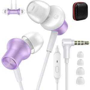 Noise Canceling Wired Earbuds for Chromebook Laptop PC, Ear Buds Wired with 3.5mm Plug in Audio Jack Mic/Mute HiFi Stereo Wire Headphone Corded Earphones for Kindle Fire Switch School, Purple
