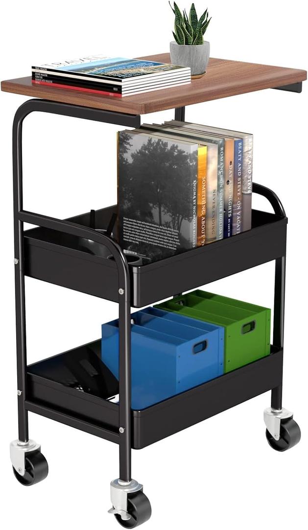 Rolling Cart with Wooden Tabletop, 3 Tier Metal Utility Cart, Rolling Storage Organizer Cart with Lockable Wheels for Kitchen, Office, Bedroom (Black) (11.8"D x 16.5"W x 29.2"H)