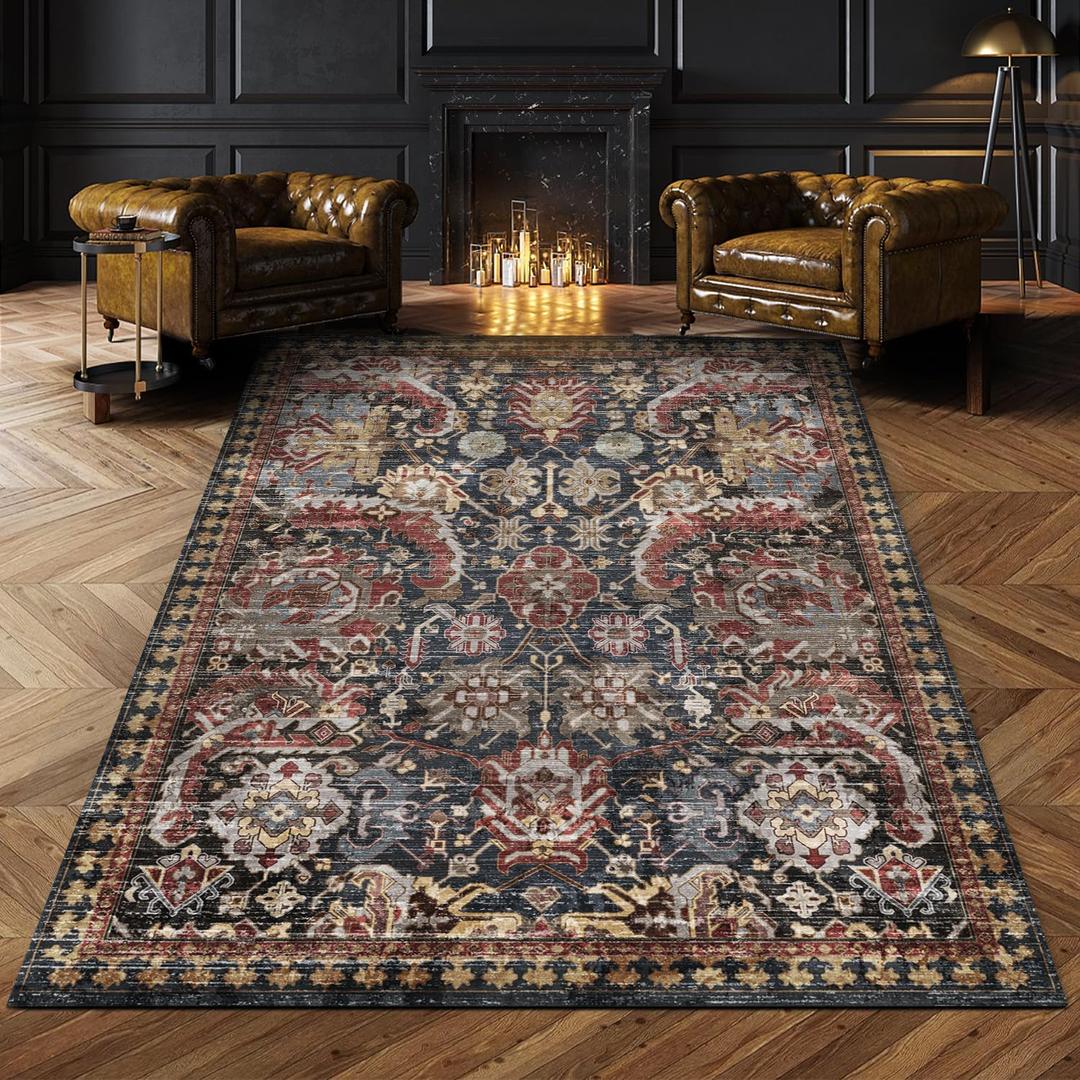 Washable Area Rugs - Perfect for Living Room, Bedroom, Kids Room, Nursery - Stain & Water Resistant Non-Slip, Pet & Child Friendly, Vintage Tribal Area Rugs (Rust, 4' x 6') (4' x 6' (Rectangular))
