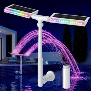 Solar Pool Fountain with Light, Dual-Head Adjustable Spray, Extended 8000mah Battery, 10-Color 4-Mode LED Lights, Auto Dusk Sensor & Timer, Pool Fountains for Inground/Above Ground Pools