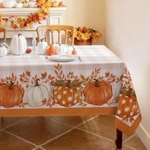 Romanstile Fall Tablecloth Rectangle, Thanksgiving Autumn Harvest Pumpkin Buffalo Plaid Table Cloth, Stain Resistant Washable Table Cover for Party/Dining/Holiday- Orange Checkered, 60x 102 Inch