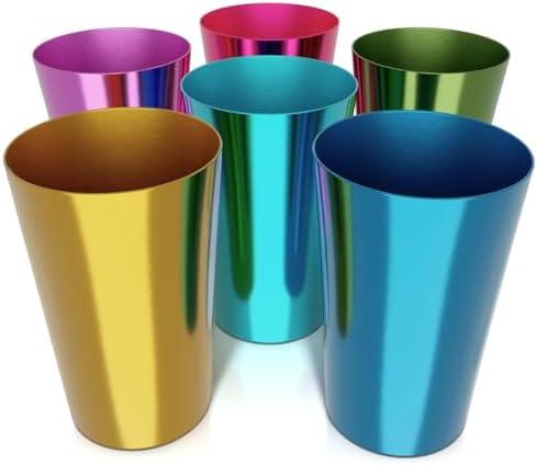 Retro Style Aluminum Cups 15 oz Set of 6 - Metal Tumblers for Cold Drinks, Festive Color-Finished Metal Cups for Drinking, Stackable and Dishwasher-Safe, for Home, Camping, Patio & Holiday Parties