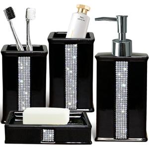 CAAHANJIA Bath Accessories Sets for Bathroom, Black Bathroom soap Dispenser Set, Ceramic Liquid Dispenser Pump, 2 Tumbler Cup, Soap Dish-Bathroom Home Decor Clearance (12 Ounce Black)