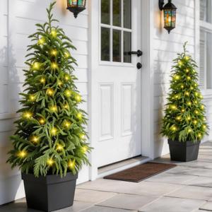 3FT Lighted Artificial Topiary Trees Outdoor Set of 2, Realistic Lighted Norfolk Pine Faux Trees with Planters, Battery Operated Warm White Lights for Front Porch Entryway Patio Decor