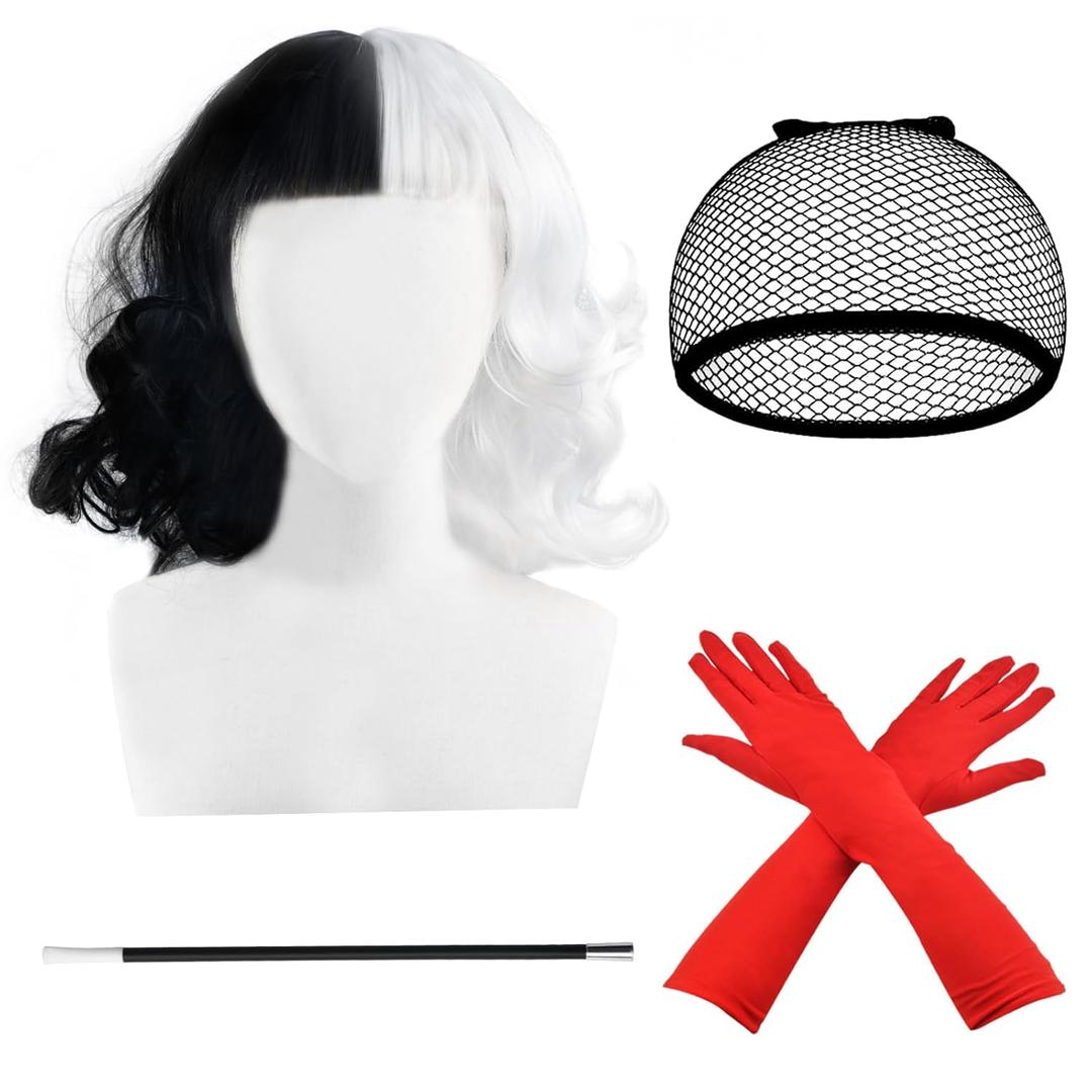 4 PCS Black and White Wig Costume Set: Black & White Wig, Red Gloves, Cap, Costume Stick - Ideal for Halloween, Cosplay, Themed Parties