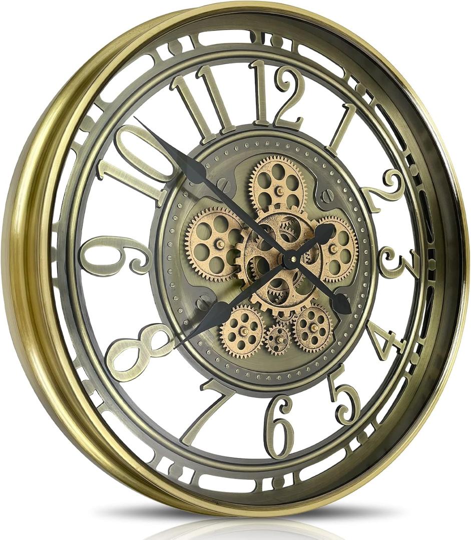 Real Moving Gears Wall Clock Large Modern Metal Clocks for Living Room Decor, Industrial Steampunk Unique Vintage Rustic Decorative Clock for Home Farmhouse Office, 21 Inch,Bronze Gold Arabic