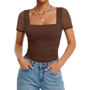 Avidlove Women's Short Sleeve Bodysuit Square Neck Sheer Mesh Bodysuit Leotard Ruched Thong Body Date Outfits Going Out Tops, Medium