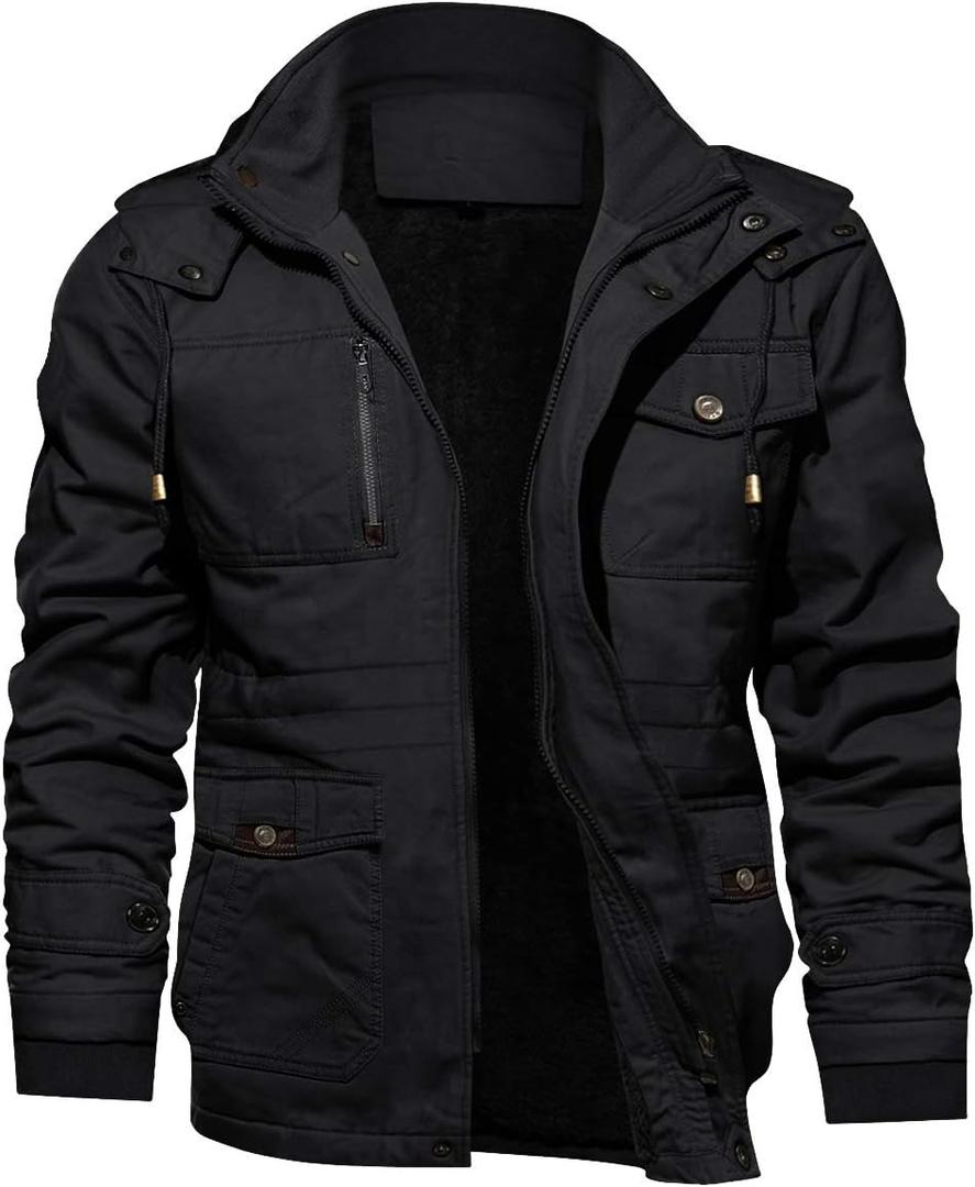 TACVASEN Men's Winter Jacket Cotton Military Jackets Fleece Lined Thick Work Warm Cargo Coats with Hooded (Medium, B.148 Black)